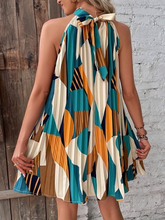 Dresses & Skirts - Indie Artsy Multicolor Teal Orange Geometric Pleated Flowy Halter Dress X-Large